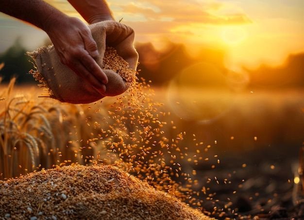 o fazendeiro derrama um punhado de grãos de trigo no campo ao pôr do sol imagem premium gerada com ia